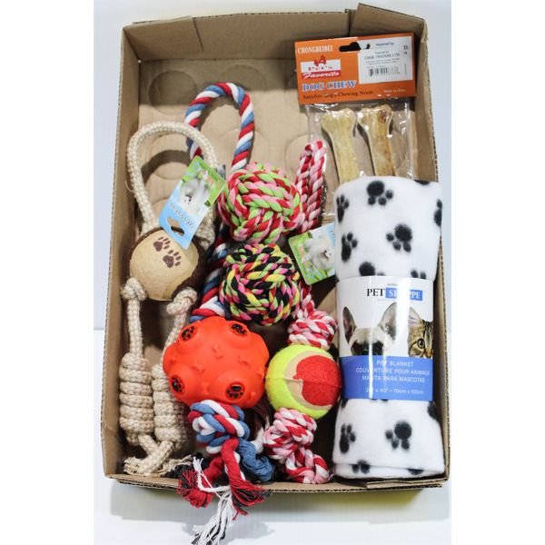 ASST. DOG TOYS/TREATS AND BLANKET