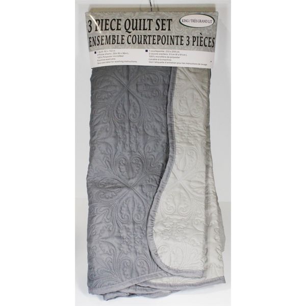 KING SIZE 3 PIECE QUILT SET IN GREY