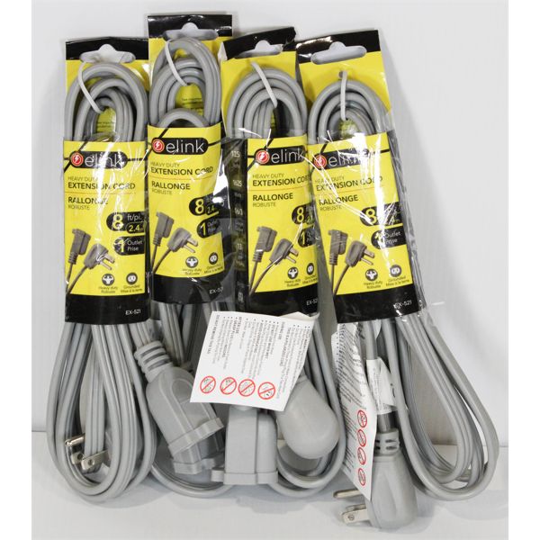 3 ELINK HEAVY DUTY EXTENSION CORDS, 8' & 1 OUTLET/EA