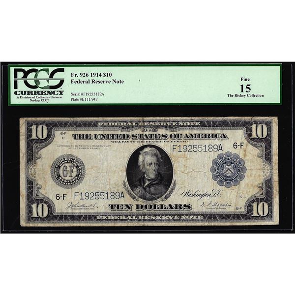 1914 $10 Federal Reserve Note Atlanta Fr.926 PCGS Fine 15