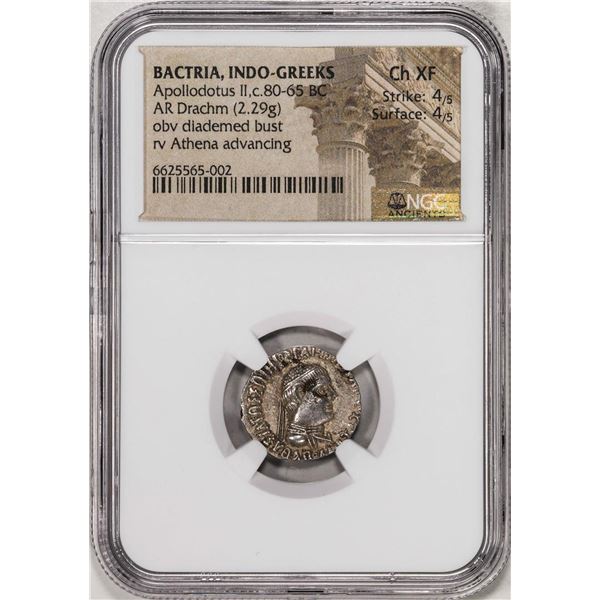 80-65 BC Bactria, Indo-Greeks Apollodotus II AR Drachm Ancient Coin NGC Ch XF