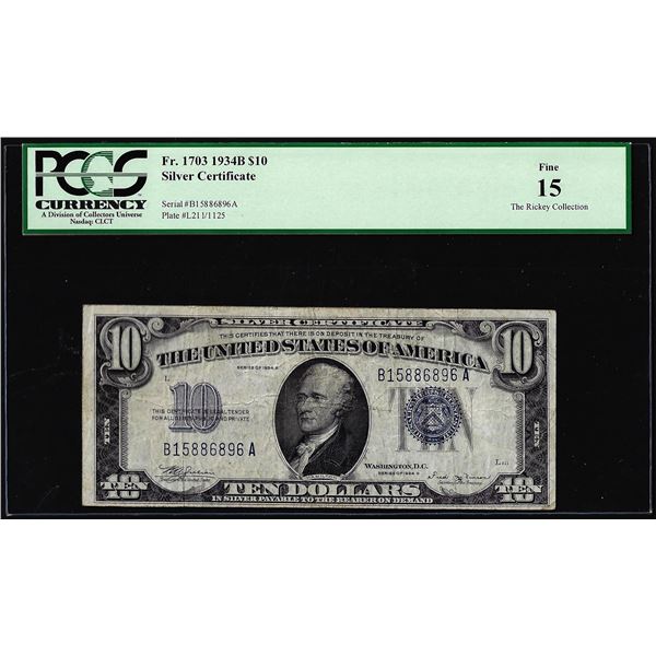 1934B $10 Silver Certificate Note Fr.1703 PCGS Fine 15 Ricky Collection