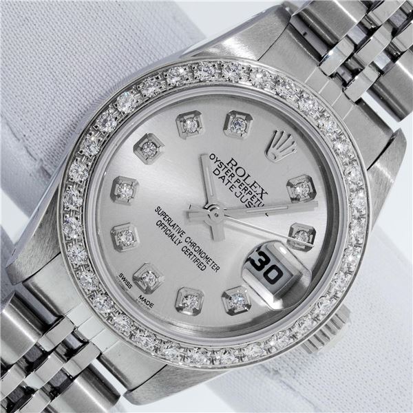 Rolex Ladies Stainless Steel Silver Diamond Datejust Wristwatch