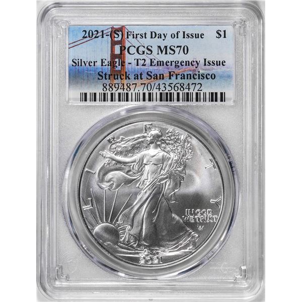 2021-(S) Type 2 $1 American Silver Eagle Coin PCGS MS70 First Day of Issue Emergency