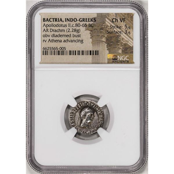 80-65 BC Bactria, Indo-Greeks Apollodotus II AR Drachm Ancient Coin NGC Ch VF