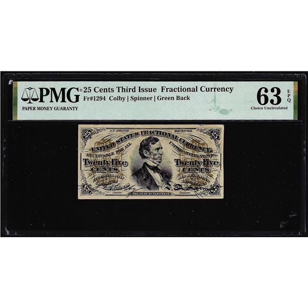 1863 Third Issue 25 Cents Fractional Gutter Fold Error Note PMG Ch. Uncirculated 63EPQ
