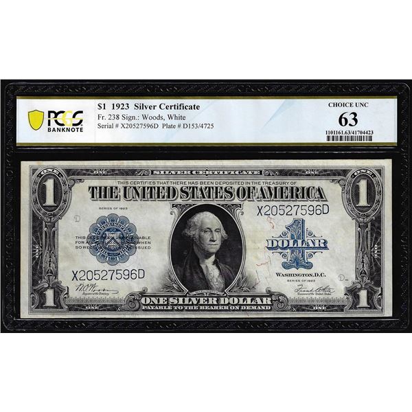 1923 $1 Silver Certificate Note Fr.238 PCGS Choice Uncirculated 63