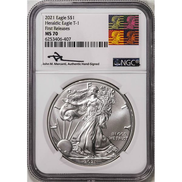 2021 Type 1 $1 American Silver Eagle Coin NGC MS70 First Releases Mercanti Signed