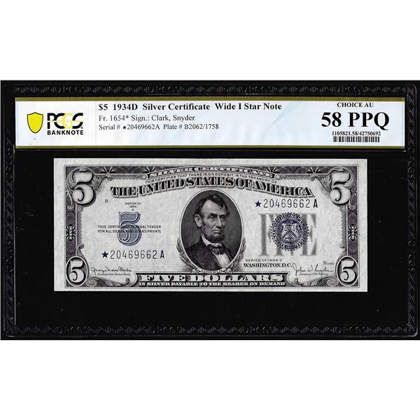 1934D $5 Silver Certificate STAR Note Fr.1654* PCGS Choice AU 58PPQ