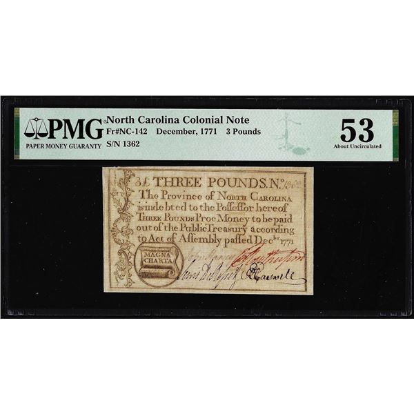 1771 North Carolina 3 Pounds Colonial NC-142 PMG About Uncirculated 53 ...