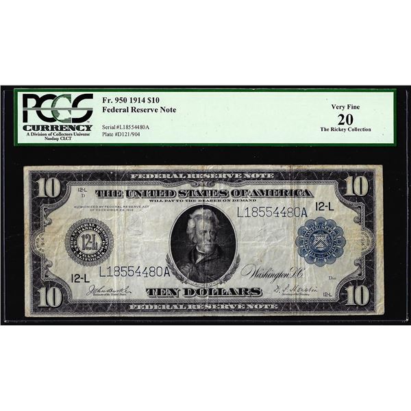 1914 $10 Federal Reserve Note San Francisco Fr.950 PCGS Very Fine 20