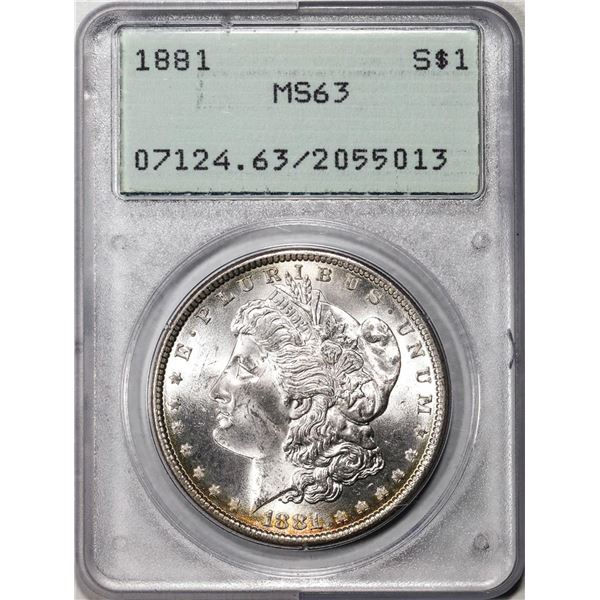 1881 $1 Morgan Silver Dollar Coin PCGS MS63 Green Rattler Holder