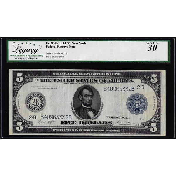 1914 $5 Federal Reserve Note New York Fr.851b Legacy Very Fine 30