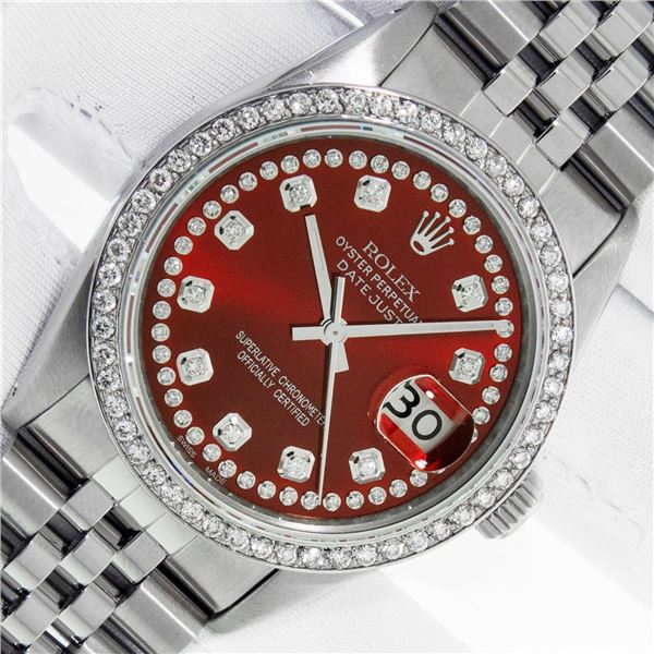 Rolex Men's Stainless Steel Red Diamond Datejust Wristwatch