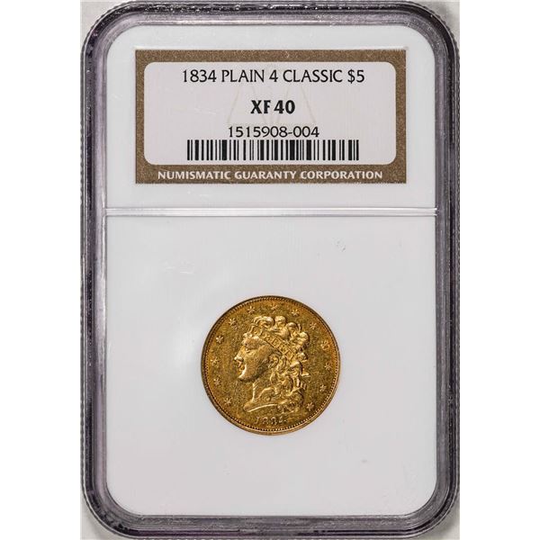 1834 Plain 4 $5 Classic Head Half Eagle Gold Coin NGC XF40