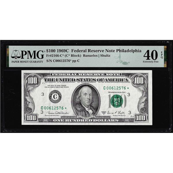 1969C $100 Federal Reserve Star Note Philadelphia Fr.2166-C* PMG Extremely Fine 40EPQ