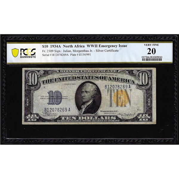 1934A $10 North Africa WWII Silver Certificate Note Fr.2309 PCGS Very Fine 20