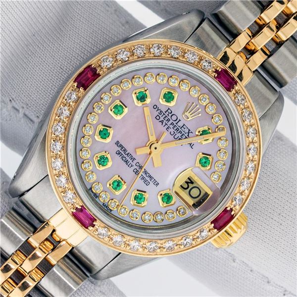 Rolex Ladies Two Tone Pink MOP Emerald, Ruby and Diamond Datejust Wristwatch