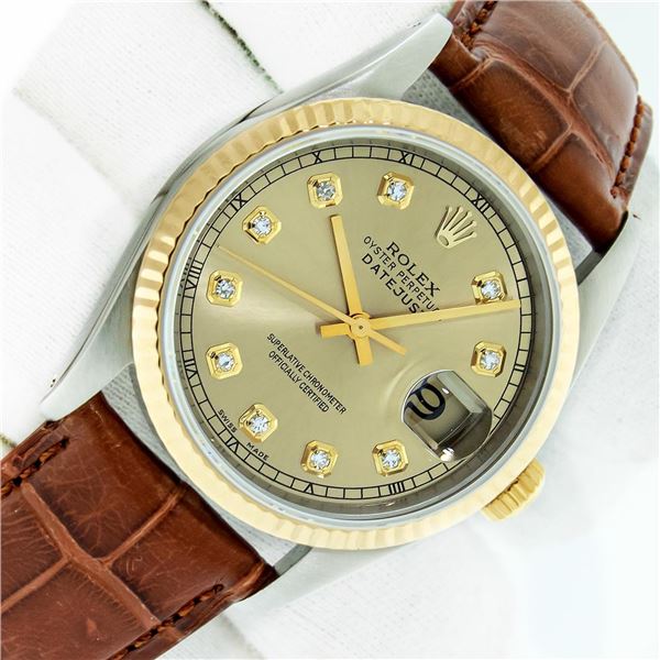Rolex Men's Two Tone Diamond Datejust Wristwatch with Leather Band