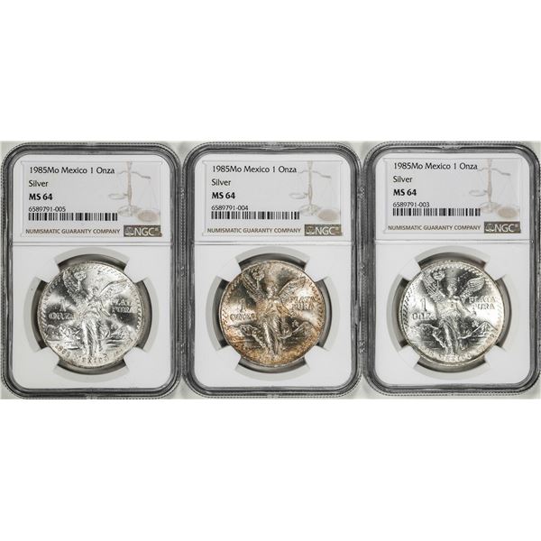 Lot of (3) 1985Mo Mexico 1 Onza Libertad Silver Coins NGC MS64