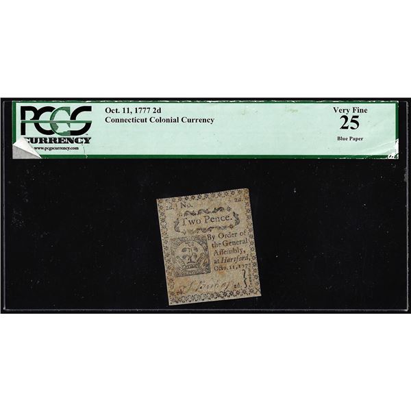 October 11, 1777 Connecticut Two Pence Colonial Currency Note PCGS Very Fine 25