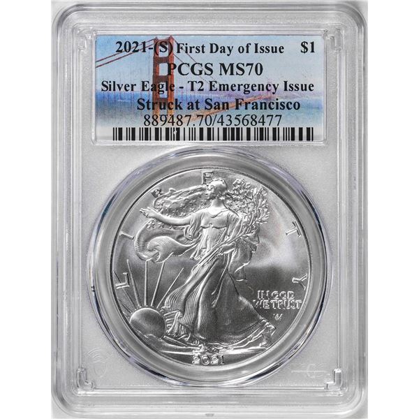 2021-(S) Type 2 $1 American Silver Eagle Coin PCGS MS70 First Day of Issue Emergency