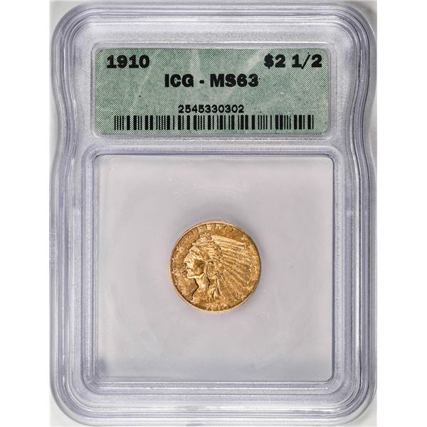 1910 $2 1/2 Indian Head Quarter Eagle Gold Coin ICG MS63