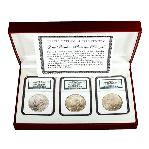 (3) 1923 $1 Peace Silver Dollar Coins NGC MS63/64/65 Prestige Set Binion Collection