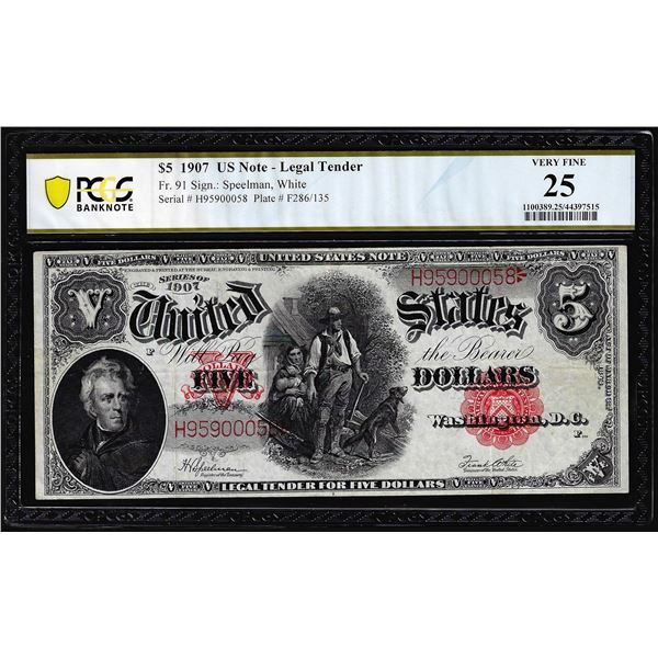 1907 $5 Woodchopper Legal Tender Note Fr.91 PCGS Very Fine 25