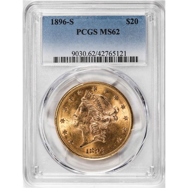 1896-S $20 Liberty Head Double Eagle Gold Coin PCGS MS62