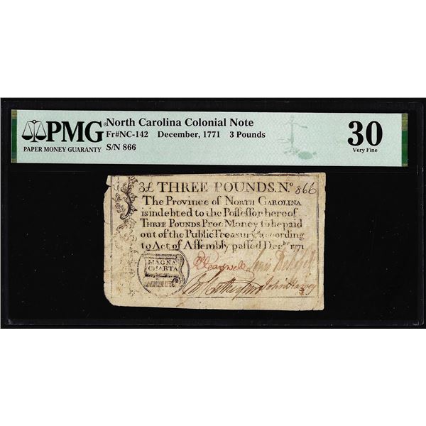 1771 North Carolina 3 Pounds Colonial Note NC-142 PMG Very Fine 30 Magna Charta