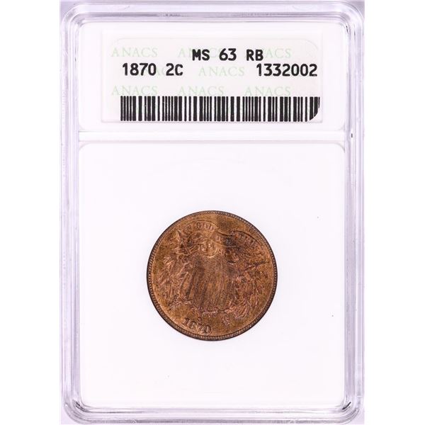 1870 Shield Two Cent Piece Coin ANACS MS63RB