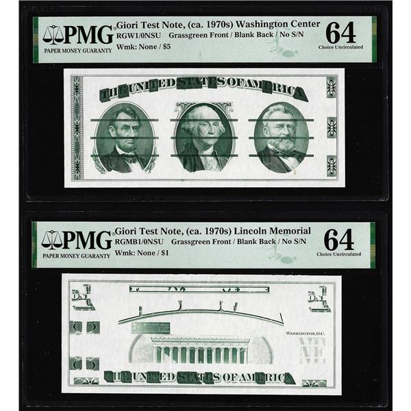 Set of Giori Test Note Washington & Lincoln Memorial PMG Choice Uncirculated 64