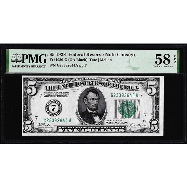 1928 $5 Federal Reserve Note Fr.1950-G PMG Choice About Uncirculated 58EPQ