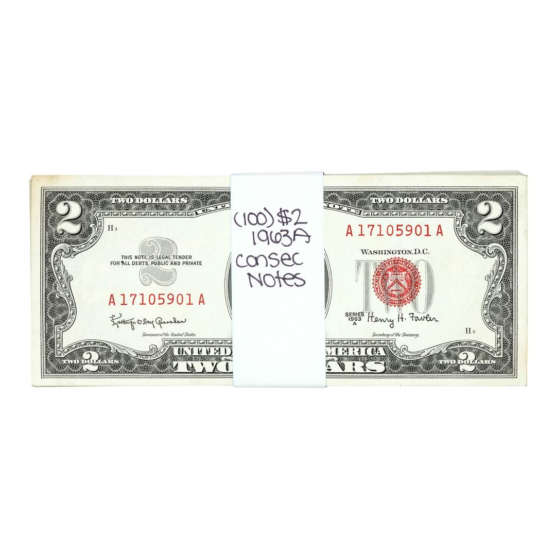 Pack of (100) Consecutive 1963A $2 Legal Tender Notes