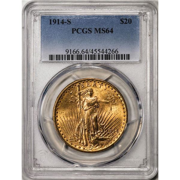 1914-S $20 St. Gaudens Double Eagle Gold Coin PCGS MS64