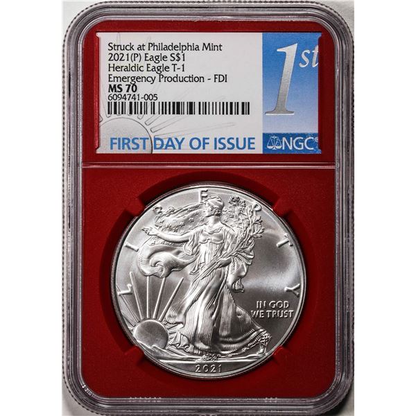 2021(P) Type 1 $1 American Silver Eagle Coin NGC MS70 FDI Philadelphia Red Cores