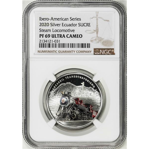 2020 Ecuador 1 Sucre Steam Locomotive Ibero Train Silver Coin NGC PF69 Ultra Cameo