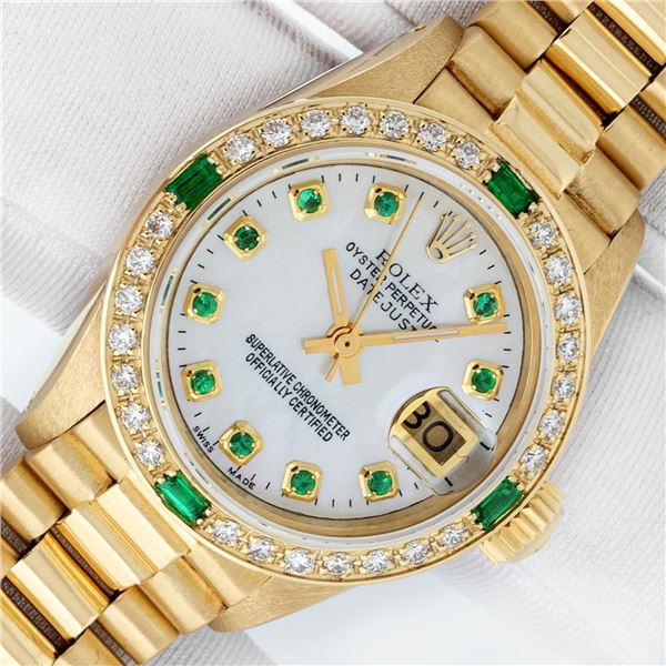 Rolex Ladies 18K Yellow Gold Diamond and Emerald President Wristwatch with Rolex Box