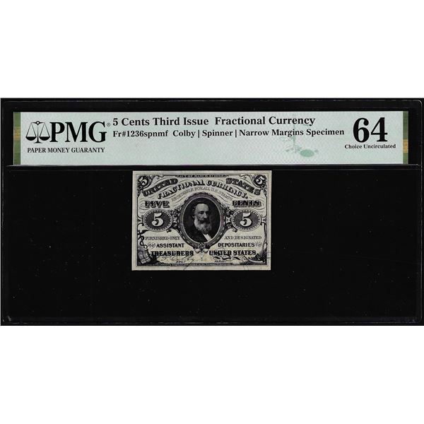 1863 Third Issue 5 Cents Specimen Fractional Note Fr.1236spnmf PMG Ch. Uncirculated 64