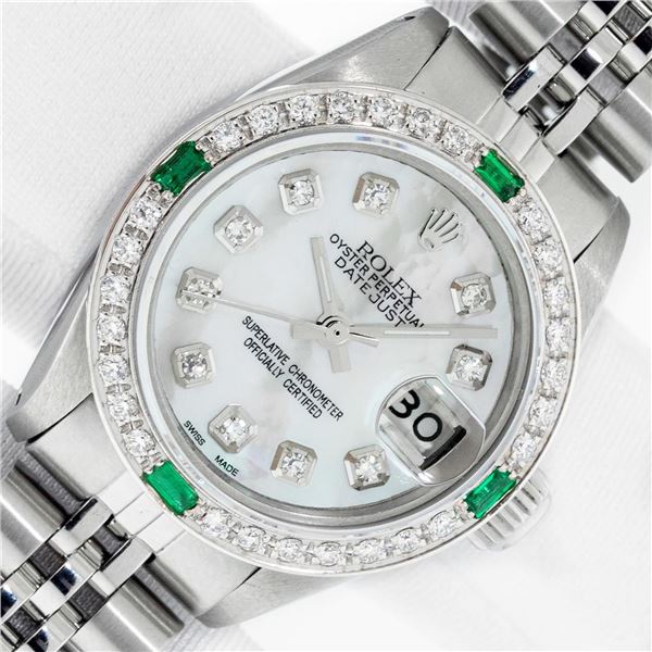 Rolex Ladies Stainless Steel Mother of Pearl Diamond & Emerald Datejust Wristwatch