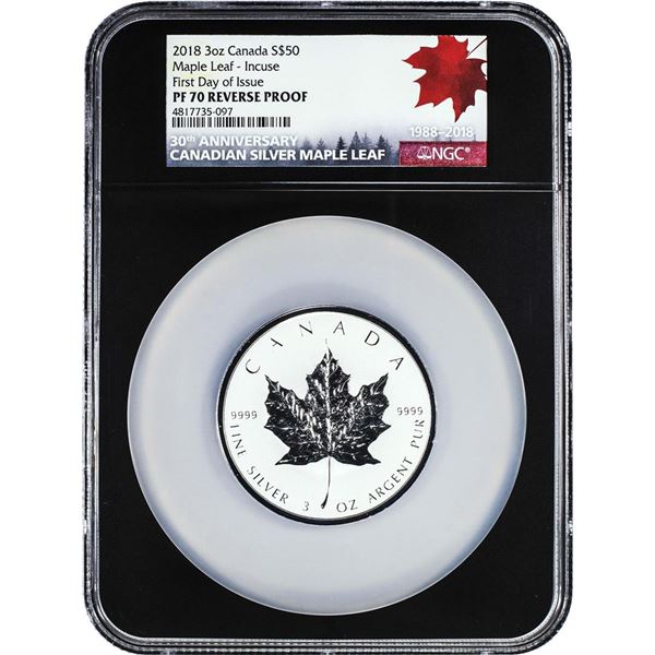 2018 Canada $50 Proof Maple Leaf 3oz Silver Coin NGC PF70 Reverse Proof FDOI