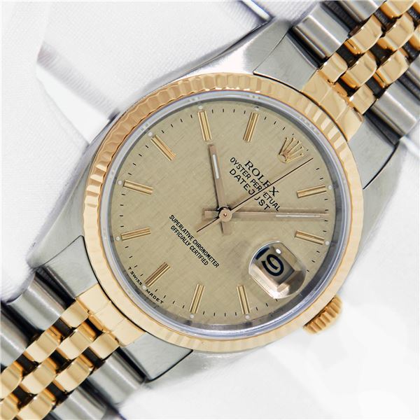 Rolex Mens Two Tone Champagne Linen Index Oyster Perpetual Datejust Wristwatch