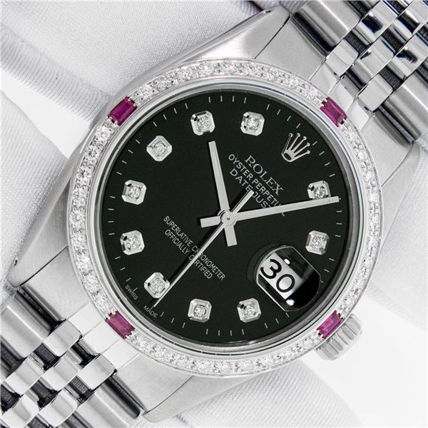 Rolex Men's Stainless Steel Black Diamond & Ruby Datejust Wristwatch