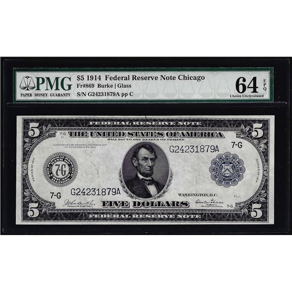 1914 $5 Federal Reserve Note Chicago Fr.869 PMG Choice Uncirculated 64EPQ