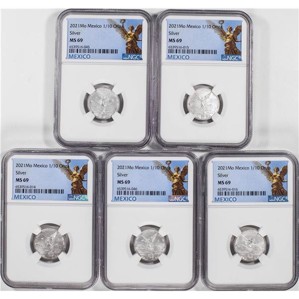 Lot of (5) 2021-Mo Mexico 1/10 oz Silver Libertad Coins NGC MS69