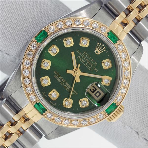 Rolex Ladies Two Tone Green Diamond & Emerald Datejust Wristwatch