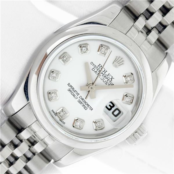 Rolex Ladies Stainless Steel White Diamond Quickset Datejust Wristwatch With Rolex Box