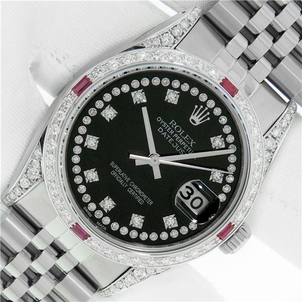 Rolex Men's Stainless Steel Black String Diamond & Ruby Datejust