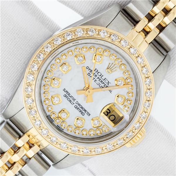 Rolex Ladies Two Tone Mother of Pearl String Diamond Datejust Wristwatch